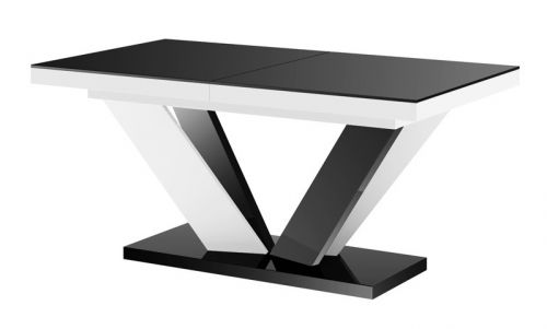 Rozkładany stół z czarnym blatem na biało-czarnej nodze w wysokim połysku viva 2